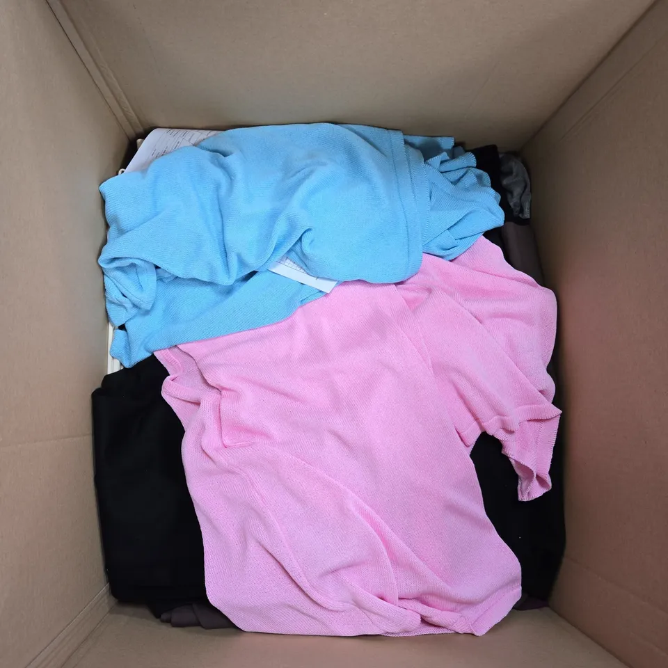 BOX OF APPROX 10 ASSORTED CLOTHING ITEMS IN VARIOUS COLORS, SIZES AND STYLE
