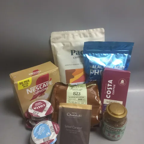 TOTE OF APPROX 10 ASSORTED FOOD ITEMS TO INCLUDE - NESCAFE CAPPUCINO PODS - BEANIES PEPPERMINT CANDY INSTANT COFFEE - CALLEBUT BELGIAN MILK CHOCOLATE CALLETS ETC