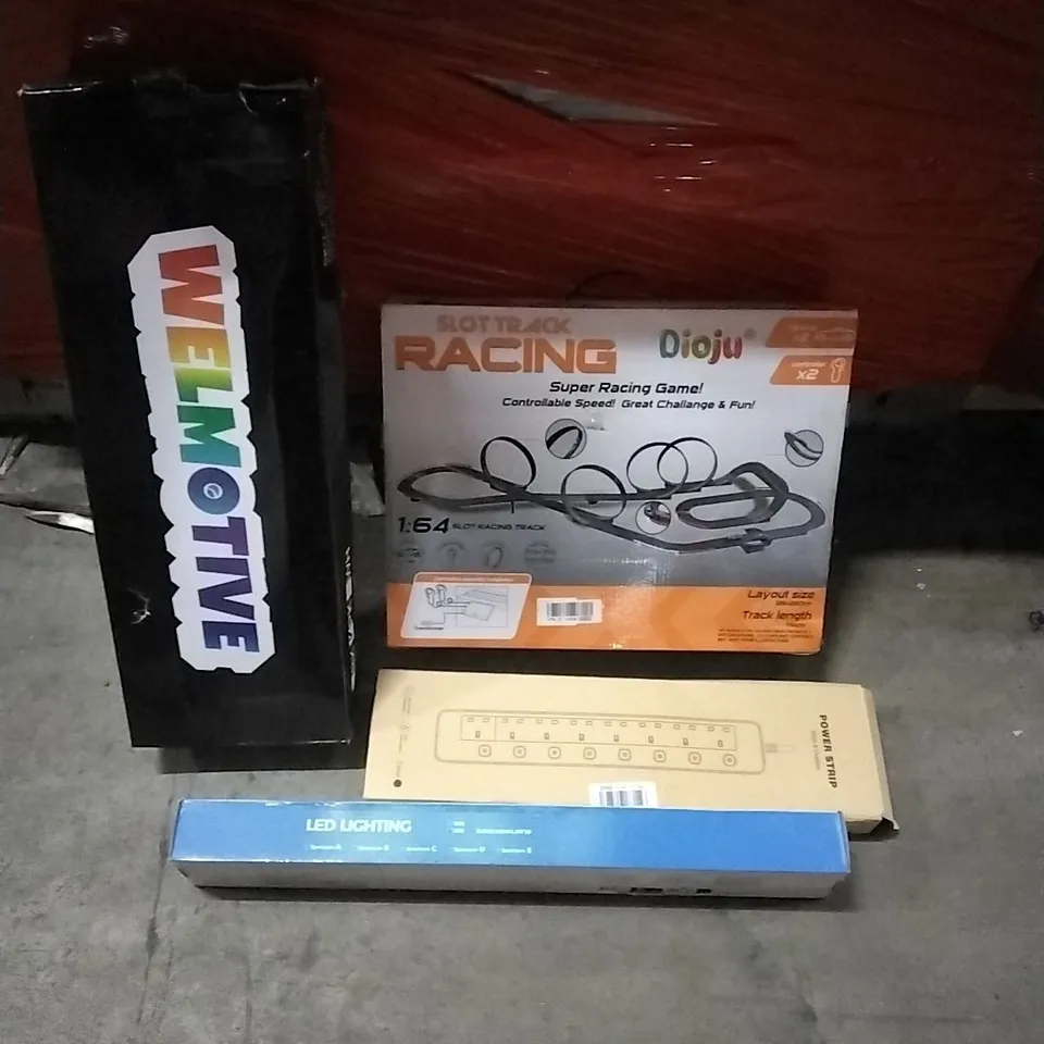 PALLET OF HOUSEHOLD ITEMS TO INCLUDE KICK SCOOTER, SLOT TRACK RACING,POWER STRIP,LED LIGHTING AND OTHER ASSORTED ITEMS...