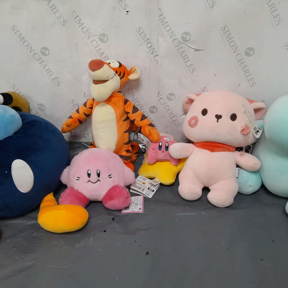 LARGE BOX OF ASSORTED PLUSH TEDDIES TO INCLUDE YOSHI, BLSCK PANTHER, AND BOWSER ETC. 