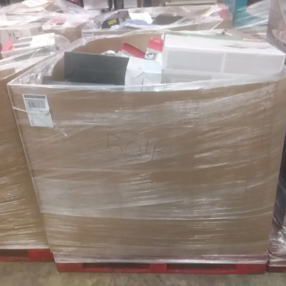 PALLET OF LARGE AMOUNT OF ASSORTED PRODUCTS TO INCLUDE PRINTERS, BOOMBOXES, AND HEADPHONES ETC