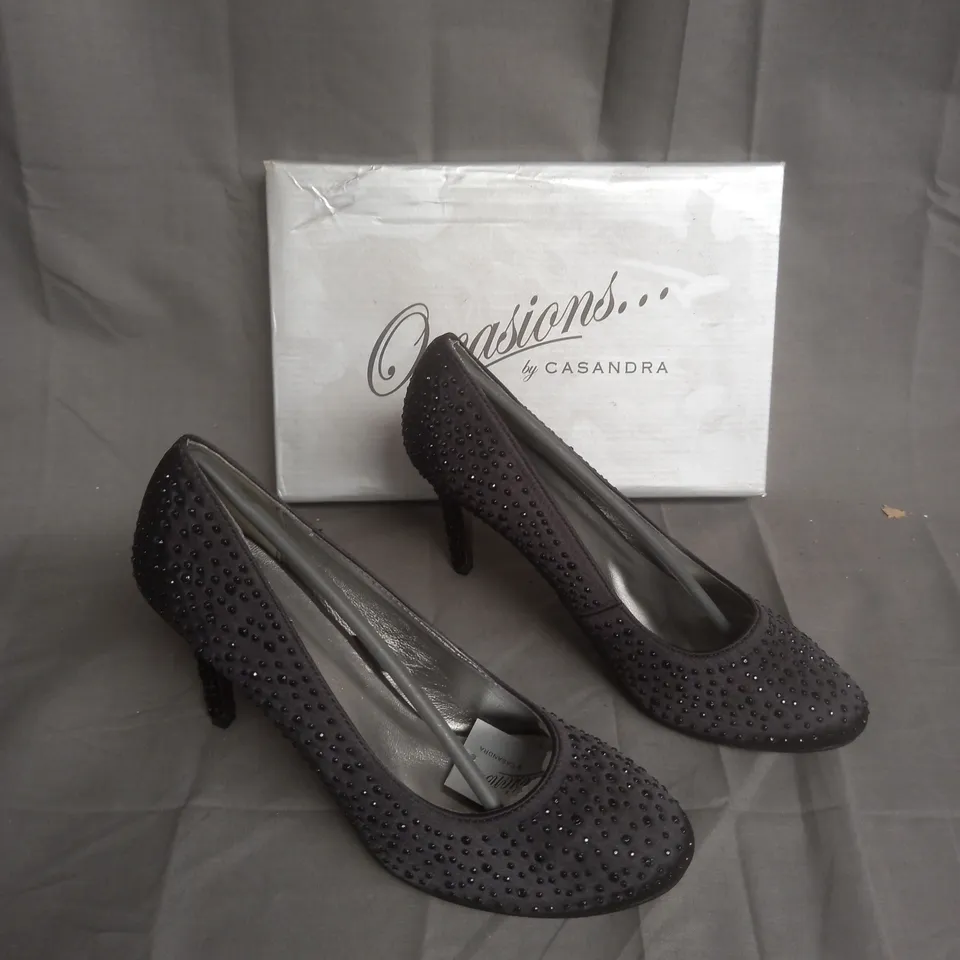 BOXED PAIR OF OCCASIONS BY CASANDRA BLACK SATIN STUDDED HEELS SIZE 7