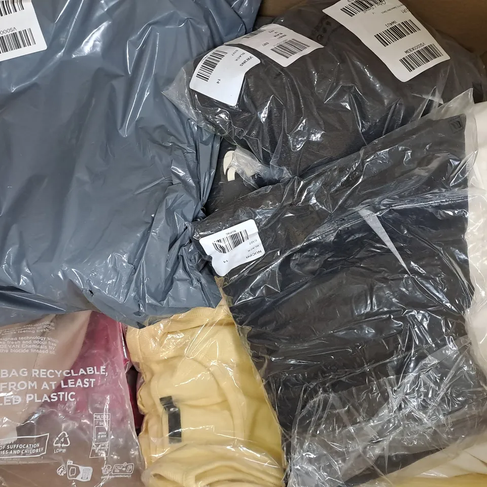 BOX OF APPROXIMATELY 20 ASSORTED CLOTHING AND HOUSEHOLD ITEMS TO INCLUDE STARBURST STAKE LIGHT, HAIR EXTENSIONS, ETC - COLLECTION ONLY