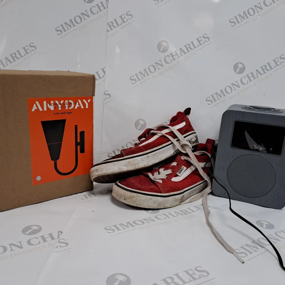 APPROXIMATELY 10 ASSORTED PRODUCTS TO INCLUDE JOHN LEWIS LULU WALL LIGHT, JOHN LEWIS ARIETTA DIGITAL RADIO, PAIR OF VANS SNEAKERS