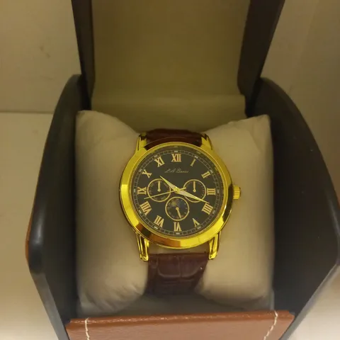 MENS LA BANUS WATCH – GOLD COLOUR CASE – LEATHER STRAP – GIFT BOX