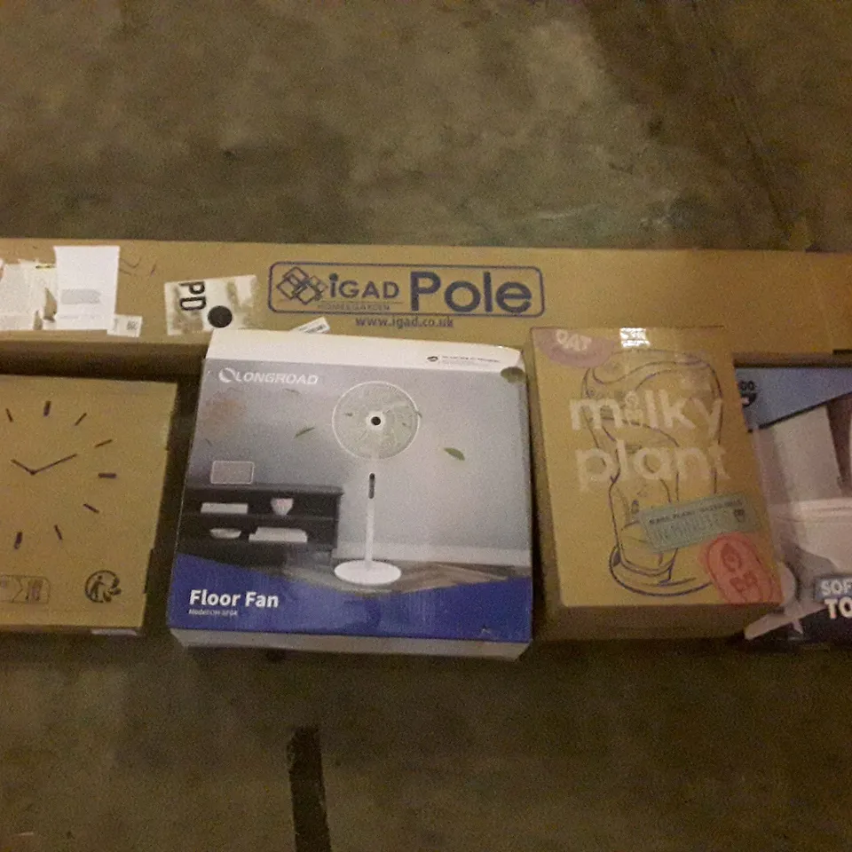 PALLET OF ASSORTED PRODUCTS INCLUDING WALL CLOCK, FLOOR FAN, MILKY PLANT, SOFT CLOSE TOILET SEAT, IGAD POLE, MESH CHAIR 