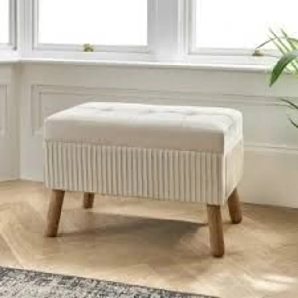 BRAND NEW BOXED HOMESDIRECT365 CREAM VELVET OTTOMAN STORAGE STOOL - CREAM
