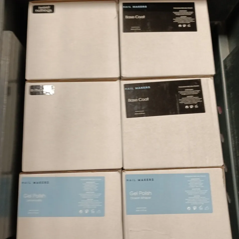 TOTE OF 6 BOXES OF NAIL MAKERS BUILDER GELS, BASE COATS AND GEL POLISHES APPROXIMATELY 6 PER BOX