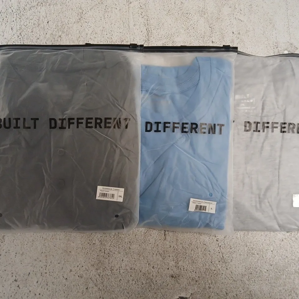 SET OF APPROXIMATELY 10 ASSORTED BUILT DIFFERENT T-SHIRTS/SHIRTS IN VARIOUS COLOURS AND SIZES