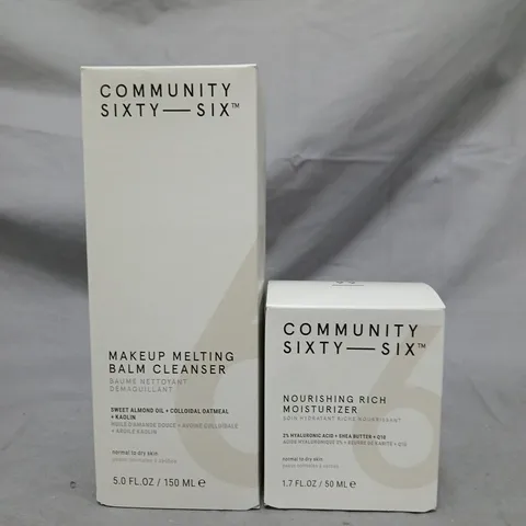BOX OF APPROX 15 COMMUNITY SIXTY-SIX MAKEUP MELTING BALM CLEANSER 150ML + NOURISHING RICH MOISTURISER 50ML