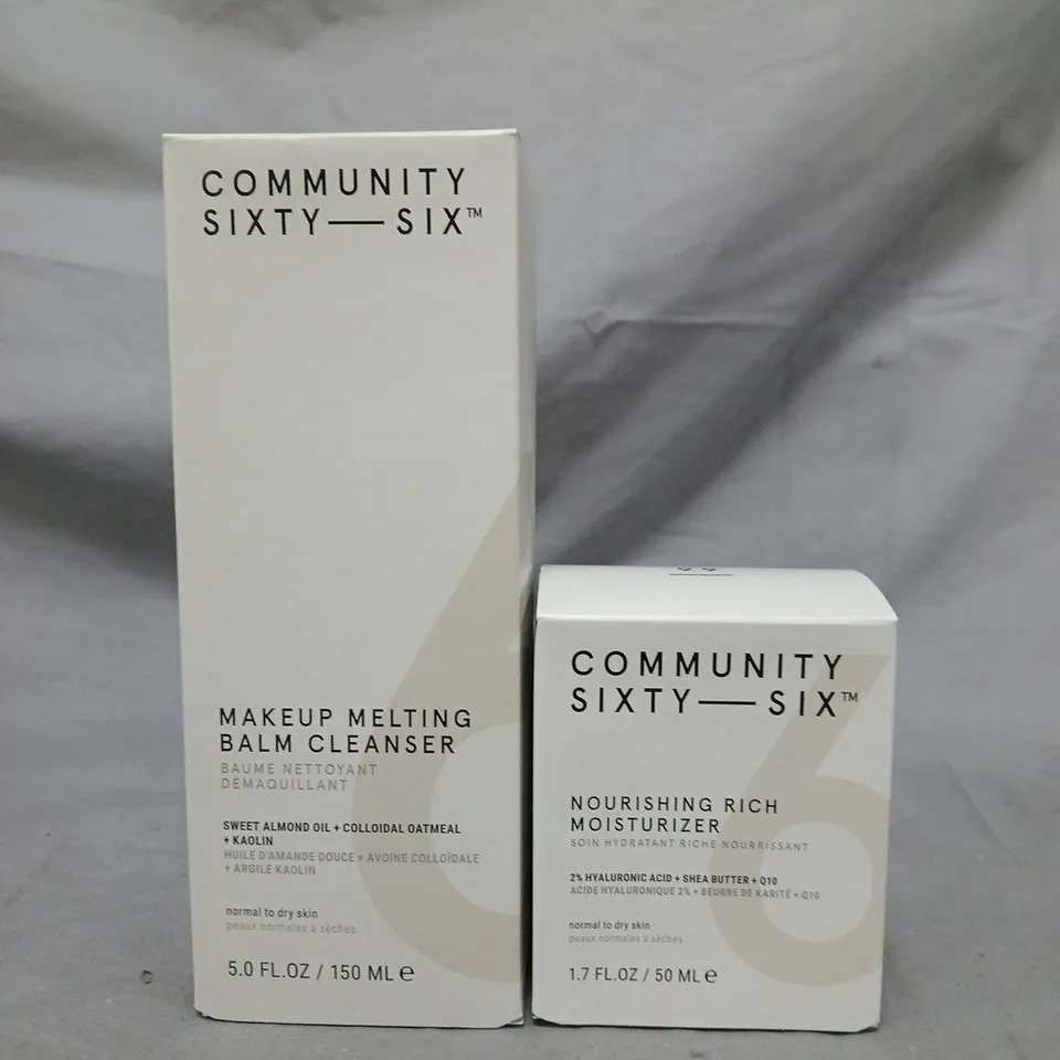 BOX OF APPROX 15 COMMUNITY SIXTY-SIX MAKEUP MELTING BALM CLEANSER 150ML + NOURISHING RICH MOISTURISER 50ML