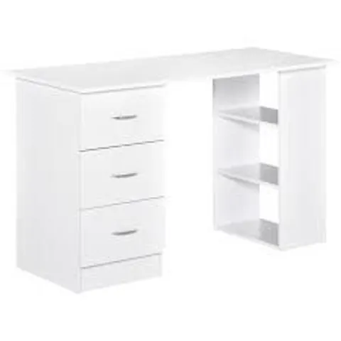 BOXED HOMCOM COMPUTER DESK, WRITING TABLE, PC WORKSTATION WITH 3 STORAGE SHELVES AND DRAWERS, SILVER HANDLE, FOR HOME OFFICE, WHITE