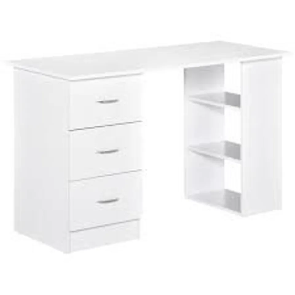 BOXED HOMCOM COMPUTER DESK, WRITING TABLE, PC WORKSTATION WITH 3 STORAGE SHELVES AND DRAWERS, SILVER HANDLE, FOR HOME OFFICE, WHITE