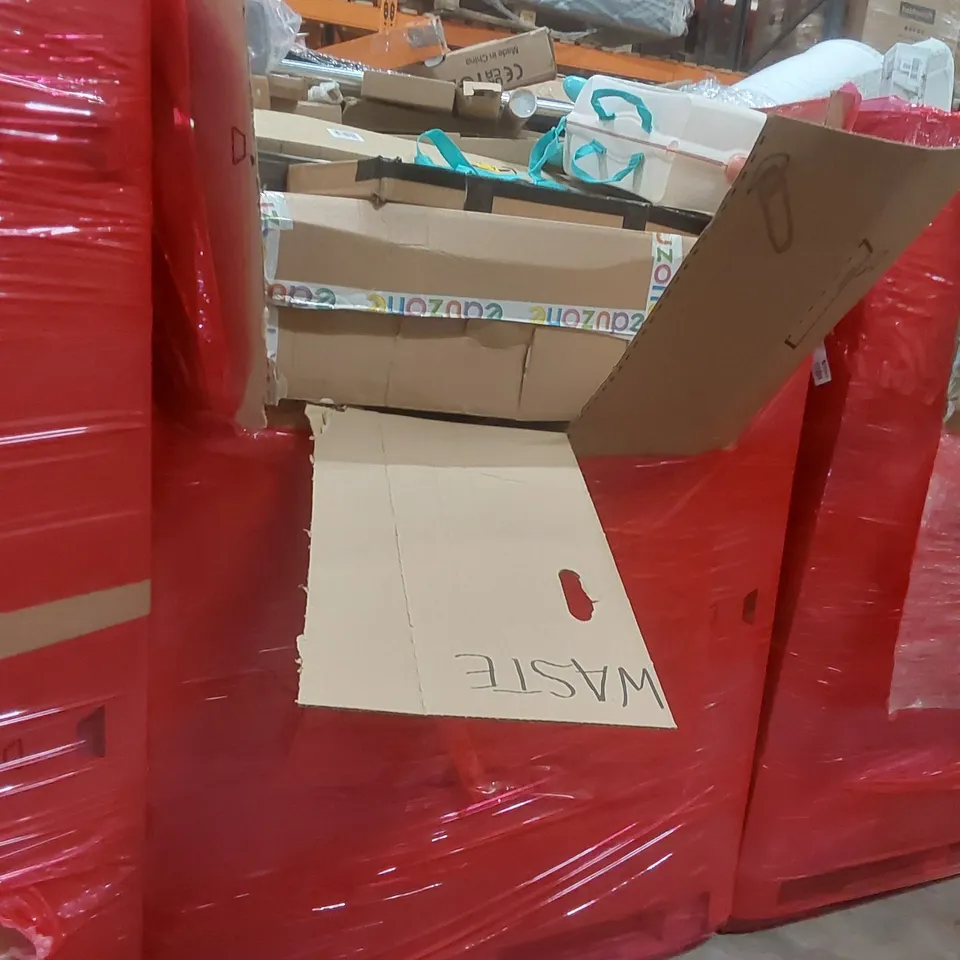 PALLET CONTAINING A LARGE QUANTITY OF ASSORTED ITEMS INCLUDING: MEDICAL AIR BOOT, FLUORESCENT REPTILE LAMP, BABY BED RAIL, DOOR BRACE ECT