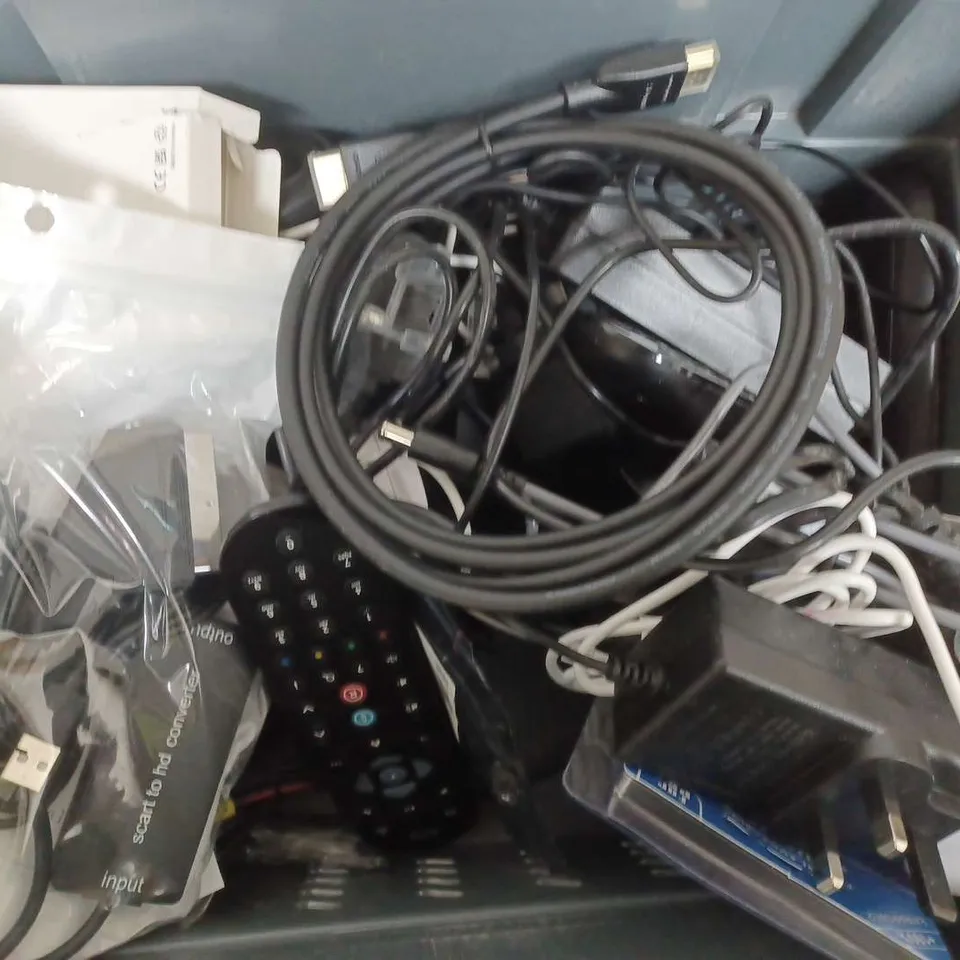 BOX OF ASSORTED CABLES REMOTES AND 4G RECEIVERS 