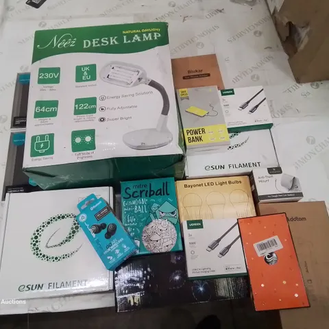 BOX CONTAINING LARGE AMOUNT OF MIXED BOXED ELECTRICAL ITEMS PHONE ACCESSORIES LIGHTING ETC.