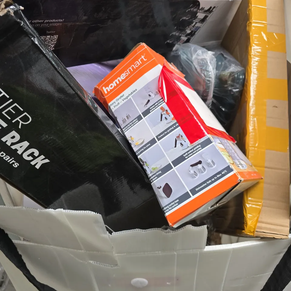 CAGE OF APPROXIMATELY 12 ASSORTED HOUSEHOLD ITEMS TO INCLUDE RECHARGEABLE HANDY FAN WITH STAND, 3-IN-1 ROTARY GRATER, ETC - COLLECTION ONLY