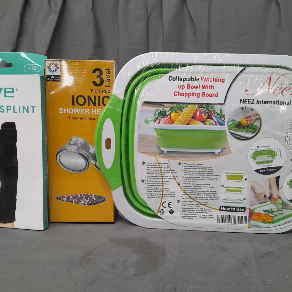 BOX OF APPROXIMATELY 20 ASSORTED HOUSEHOLD ITEMS TO INCLUDE VIVE BOXER SPLINT, IONIC SHOWER HEAD, COLLAPSIBLE WASHING UP BOWL WITH CHOPPING BOARD, ETC