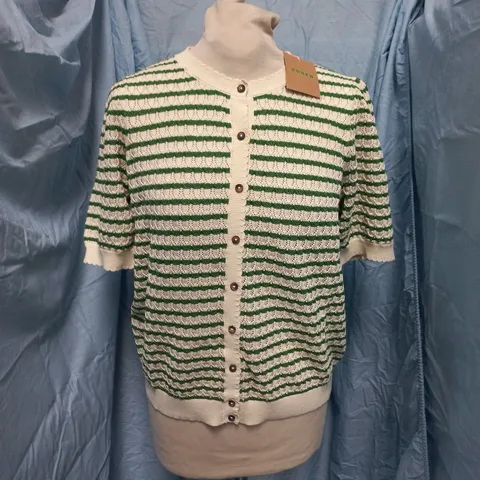 BODEN DOT POINTELLE CARDIGAN IN GREEN/CREAM - M