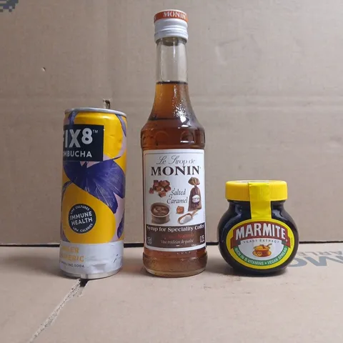 APPROXIMATELY 10 ASSORTED FOOD AND DRINK ITEMS TO INCLUDE MARMITE, FIX8, ETC