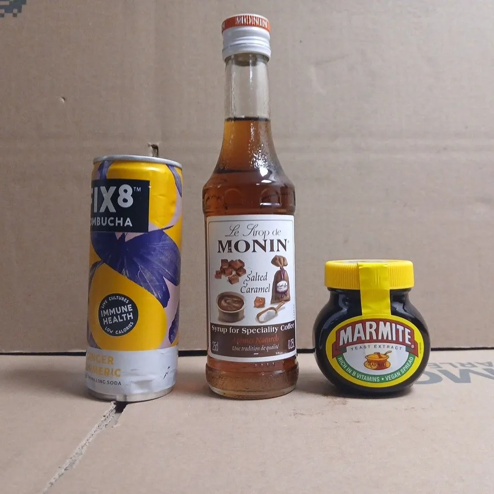 APPROXIMATELY 10 ASSORTED FOOD AND DRINK ITEMS TO INCLUDE MARMITE, FIX8, ETC