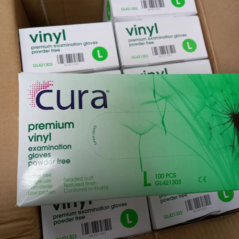 BOX OF 10 LARGE CURA PREMIUM VINYL POWDER FREE GLOVES