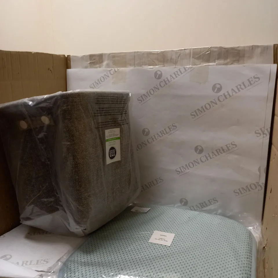 LARGE BOX OF ASSORTED CHAIR SEAT CUSHIONS AND FABRIC STORAGE BOXES
