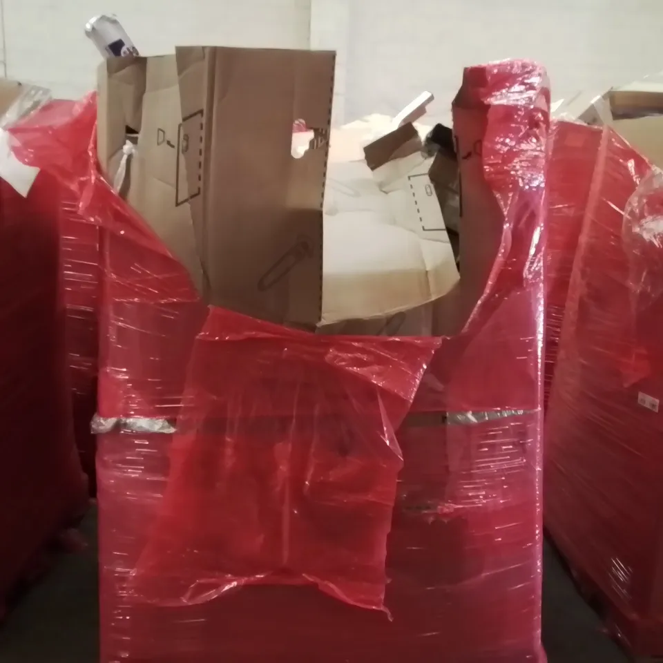 PALLET CONTAINING ASSORTED ITEMS TO INCLUDE: SCENDOR GARDEN ARCH, MORRIS SLIM LED BATTENS, PIZZA STONE, TOILET SEAT, MINDFUL MONSTERS KIDS T-SHIRTS ECT
