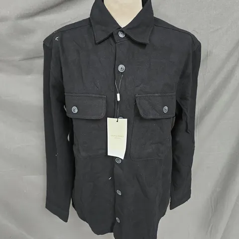 JACK & JONES RAYMOND MELANGE LONG SLEEVE OVERSHIRT IN BLACK BEAUTY SIZE M
