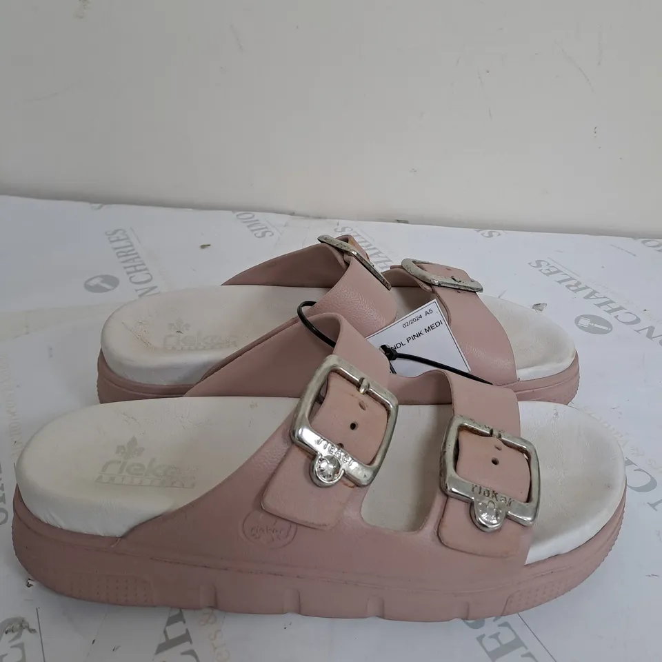 BOXED PAIR OF RIEKER DOUBLE STRAP SANDALS IN PINK SIZE 5 