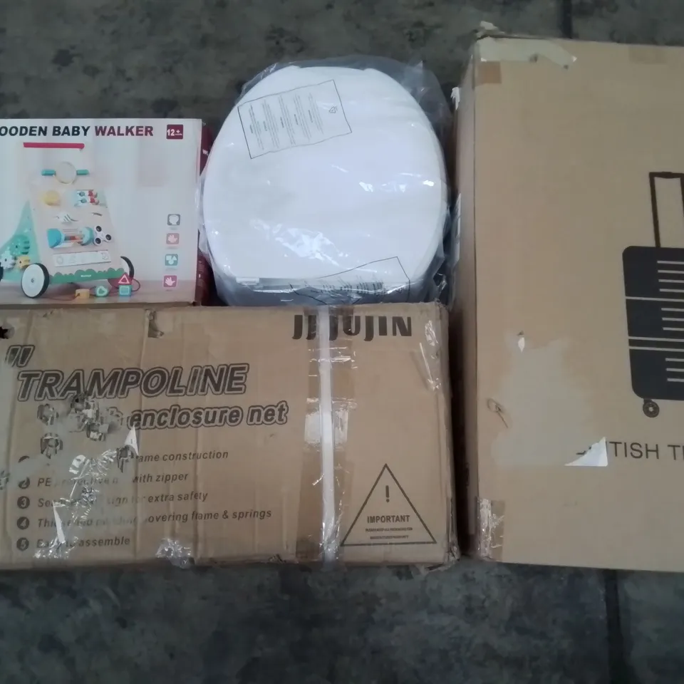 PALLET OF ASSORTED HOUSEHOLD ITEMS TO INCLUDE 55" TRAMPOLINE, LUGGAGE CASE AND MIMIUO TISSERIE OVEN
