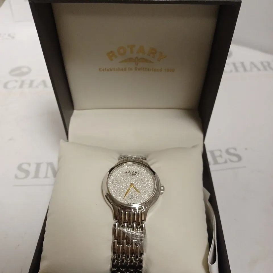 BOXED ROTARY LADIES SPARKLE SILVER WRIST WATCH 