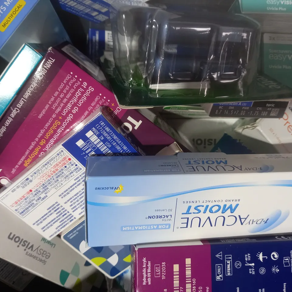 APPROXIMATELY 20 ASSORTED HOUSEHOLD ITEMS TO INCLUDE ACUVUE MOIST CONTACT LENSES, EASY VISION CONTACT LENSES, ETC