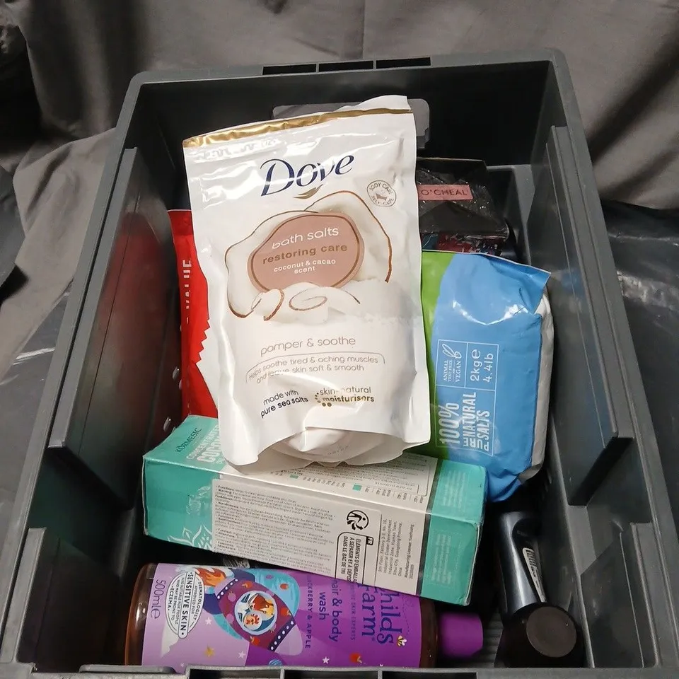 APPROXIMATELY 15 ASSORTED COSMETICS INCLUDING COCONUT OIL MOUTHWASH OIL, DOVE BATH SALTS, SURE ROLL ON, CHILDS FARM HAIR AND BODY WASH ETC