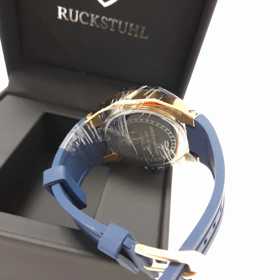 RUCKSTUHL OCTAGONAL FACE STUD BLUE RUBBER STRAP WATCH