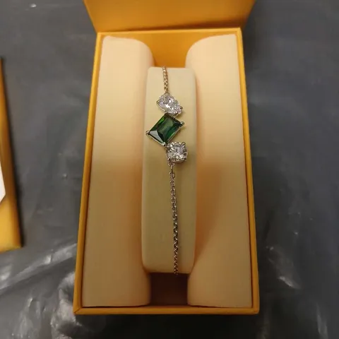 SWAROVSKI EMERALD-CUT GREEN GEMSTONE PENDANT WITH ACCENTS ON A DELICATE CHAIN – BOXED