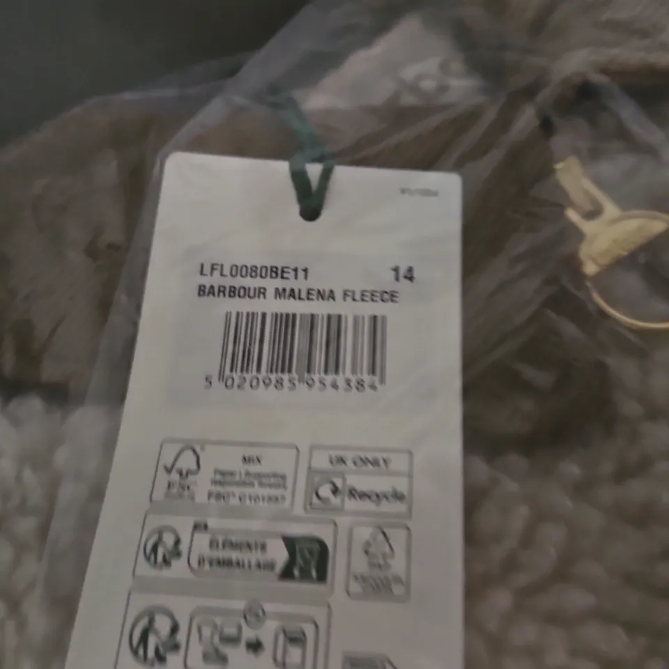 BARBOUR MALENA FLEECE JACKET – UK 14 – BEIGE WITH BROWN TRIM