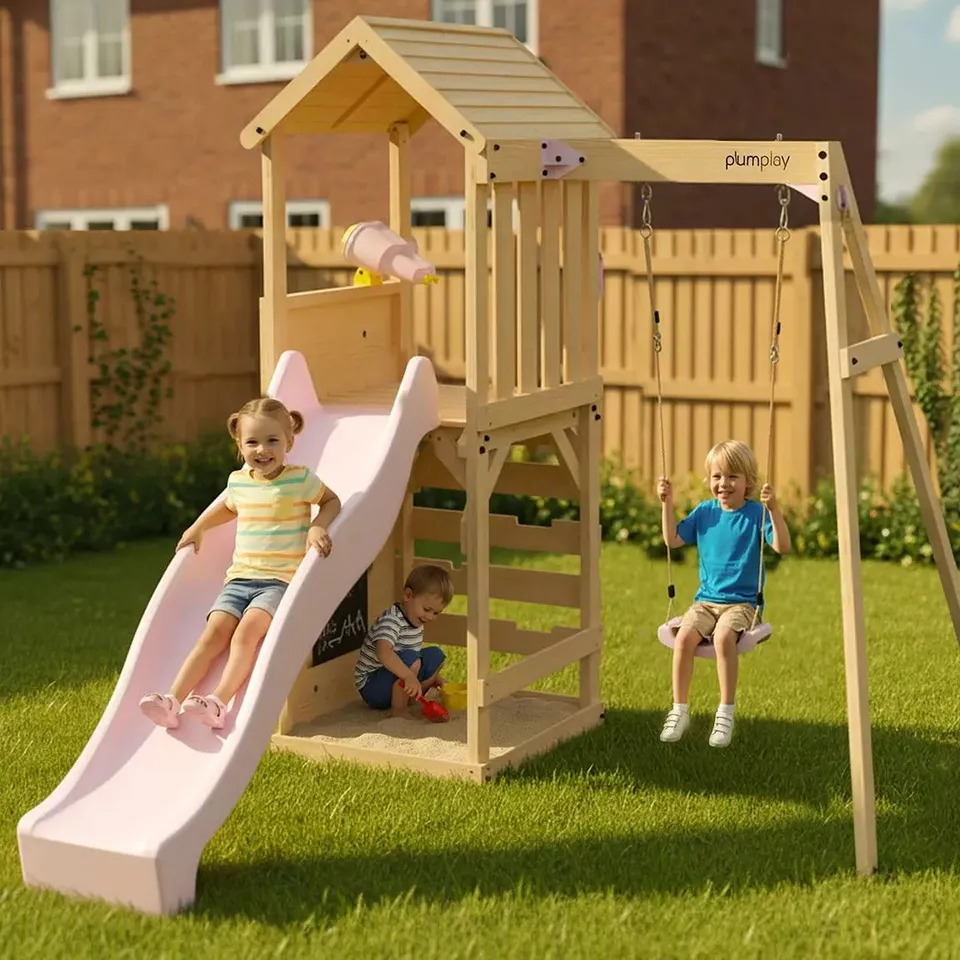 BOXED PLUM WOODEN LOOKOUT TOWER WITH SINGLE SWING - PASTEL PINK (6 PIECES) RRP £719.99