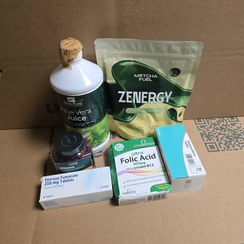 APPROXIMATELY 15 ASSORTED VITAMIN/HEALTH AID PRODUCTS TO INCLUDE ALOE VERA JUICE, VIABIOTICS FOLIC ACID, MATCHA FUEL ZENERGY, ETC - COLLECTION ONLY