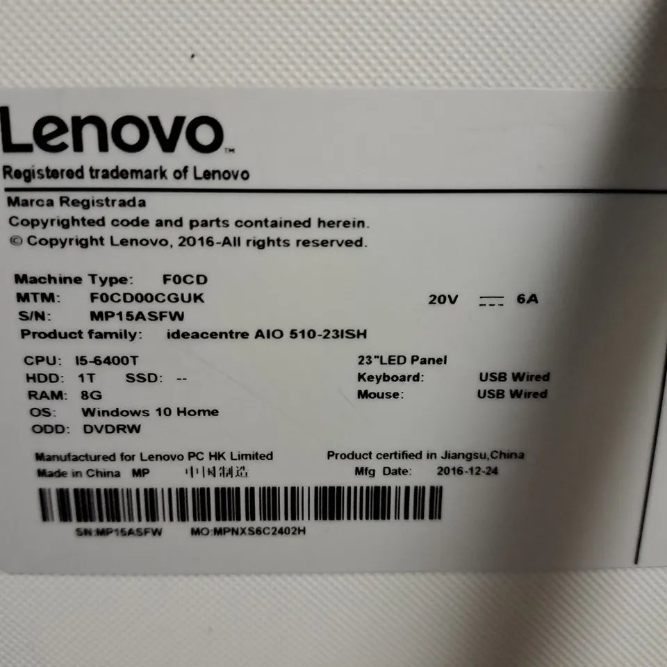 UNBOXED LENOVO 23" ALL IN ONE INTEL CORE I5 8TH GEN PC 