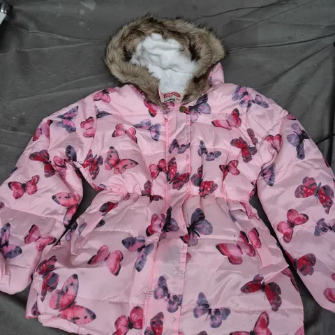 Jomake Kids' Pink Butterfly Print Padded Coat with Fur Trim – UK 7-8 (EU 120)