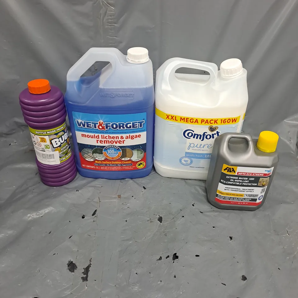 APPROXIMATELY 4 ASSORTED HOUSEHOLD LIQUID PRODUCTS TO INCLUDE - COMFORT FABRIC CONDITIONER - WET&FORGET MOULD LICHEN & ALGAE REMOVER - BUBBLZ BUBBLE SOLUTION - ETC - COLLECTION ONLY