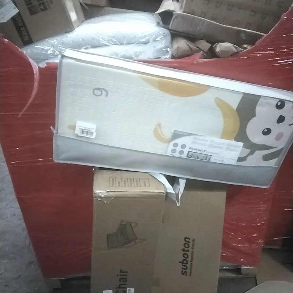 PALLET OF ASSORTED HOUSEHOLD GOODS AND PRODUCTS TO INCLUDE; SOFA CHAIR, PLAYMAT, DOG TOY, BOXED FURNITURE ETC