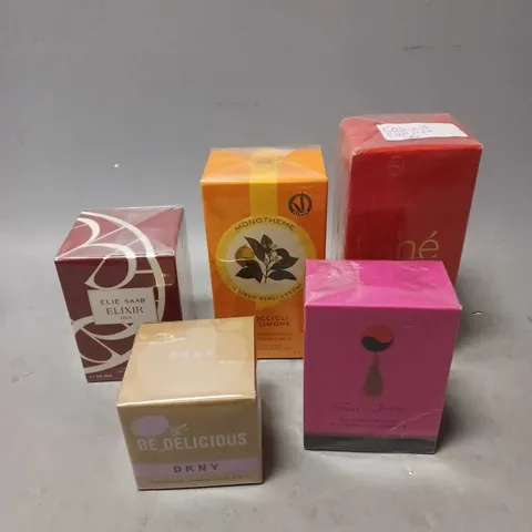 APPROXIMATELY 5 ASSORTED SEALED FRAGRANCES TO INCLUDE - MILESTONE SHE FASHION - DKNY BE DELICIOUS - ELIE SAAB LOVE ELIXIR  - ETC