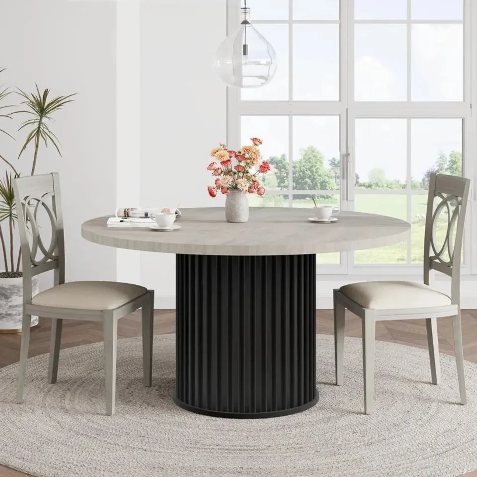 BOXED GARVEE SPACE-SAVING 47" ROUND INDUSTRIAL DINING TABLE FOR 4-6 – DURABLE GREY MDF TOP, STURDY WAVEFORM METAL PEDESTAL, MODERN DESIGN FOR KITCHEN OR DINING ROOM (1 BOX)
