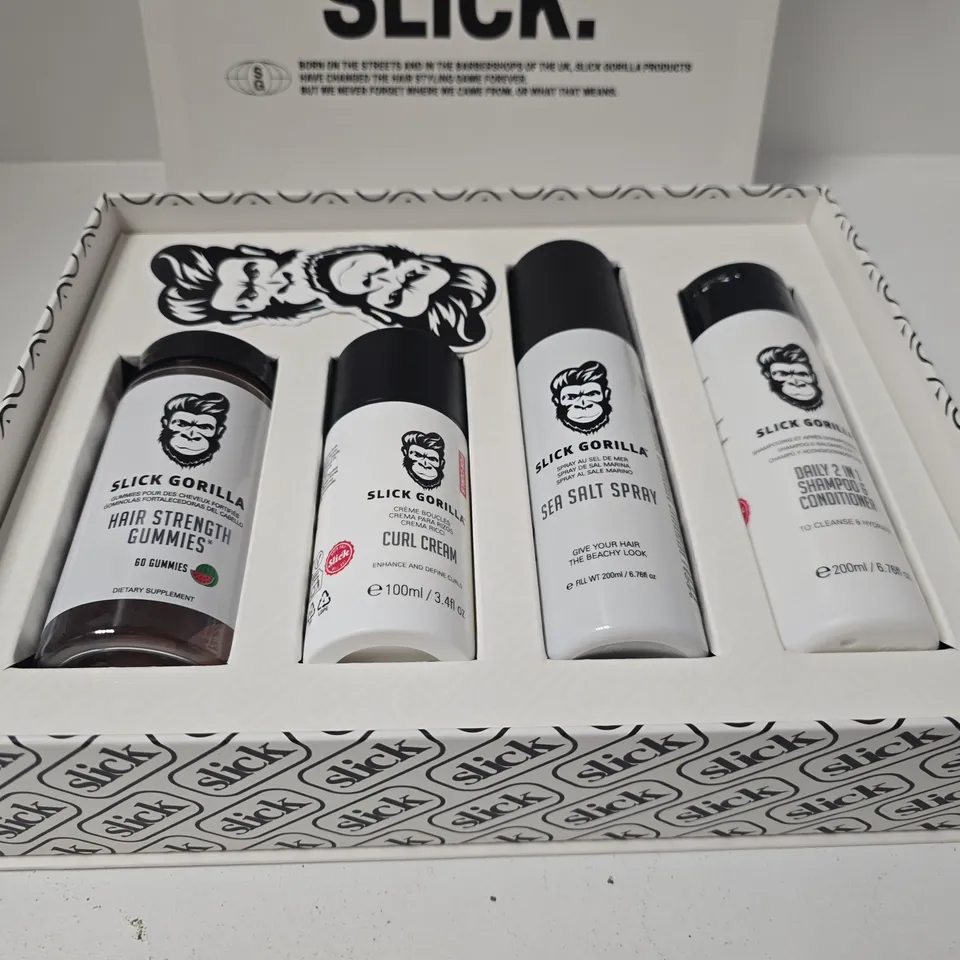 SLICK GORILLA HAIR CARE GIFT SET – 4-PIECE COLLECTION (GUMMIES, CURL CREAM, SEA SALT SPRAY, DAILY 2-IN-1 SHAMPOO & CONDITIONER)