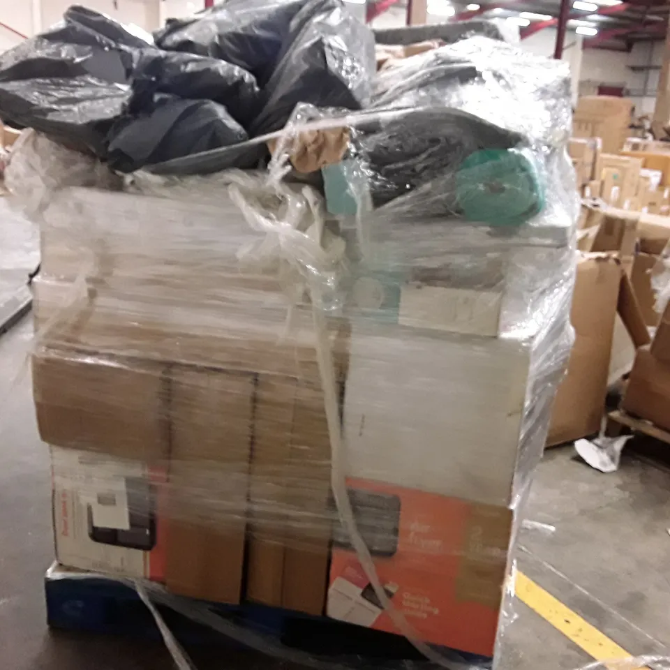 PALLET OF ASSORTED HOUSEHOLD GOODS AND PRODUCTS TO INCLUDE; SUITCASES,AIR FRYER,YOGA MATTS