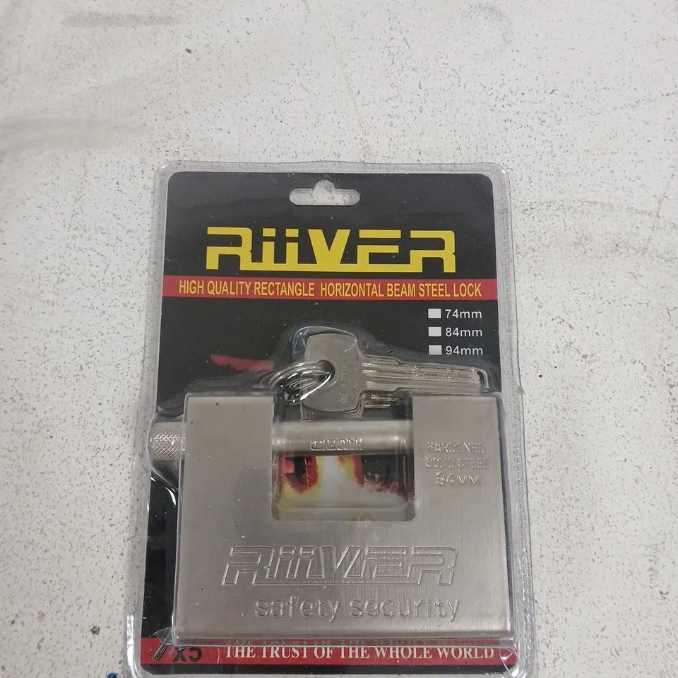 RIVER RECTANGULAR BEAM PADLOCK – STEEL BODY, INCLUDES 3 KEYS (74/84/94MM)