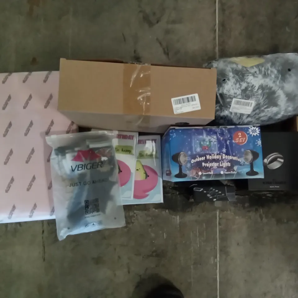 PALLET OF ASSORTED ITEMS INCLUDING OUTDOOR HOLIDAY DECORATIVE PROJECTOR LIGHT, CHRISTMAS TINSEL, GARLIC PRESS, LED CHRISTMAS LIGHTS, POLYESTER SLEEVE BAG, DINOSAUR SOCKS