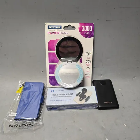 APPROXIMATELY 9 ASSORTED ITEMS TO INCLUDE - STATUS POWERBANK MIRROR , WEERANCY POWERBANK , MOBILE PHONE MOUNT ETC